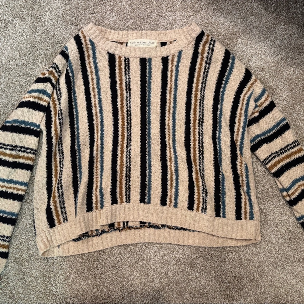 Cream and Black Crew Neck Sweater with Vertical Stripes